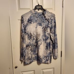 Chicos Women’s Blue/White/Gray Long Sleeve Tunic Cozy Button Neck Size 2 blouse